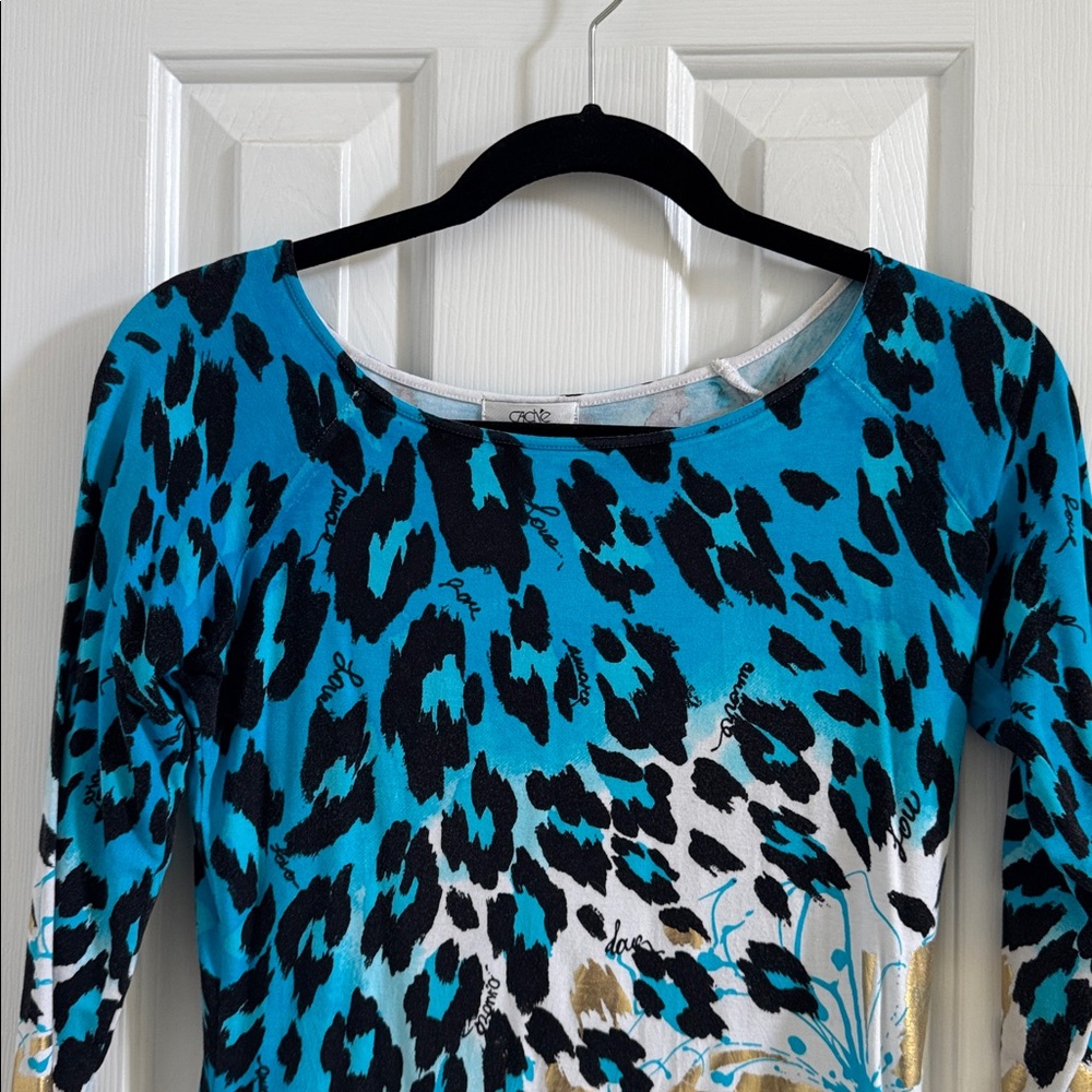 Caché Vintage Rare Multicolor Animal Print Top w/ Gold Metallic Embellishments - Picture 2 of 11